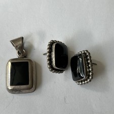 Vintage Mexico 925 Sterling Silver Black Onyx Pendant & Earring Set 22 G Total picture