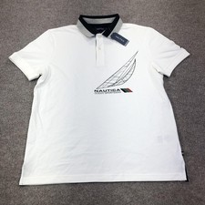 Nautica Polo Shirt Mens Medium White Ocean Sportsman Graphic Print Sailing picture