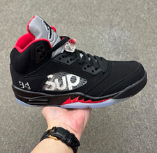 Supreme Air Jordan 5 Men’s Mid Top Lace-Up Sneakers Black/Red/Gray Jumpman picture