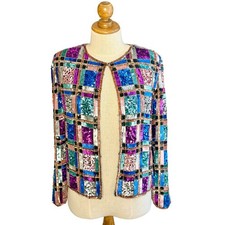 Vintage 1980’s Leslie Fay 100% Silk Rainbow Geometric Retro Sequin Blazer picture