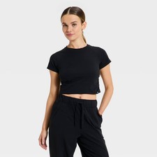JoyLab Shirt Womens Medium Black Cropped Short Sleeve Crew Neck Athletic Top picture