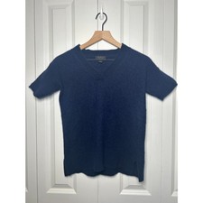 Saks Fifth Avenue Navy Blue 100% Cashmere Short Sleeve V-Neck Sweater S picture