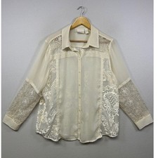 Boho Victorian Chico's Women 3 XL Cream Lace Burnout Sheer Button Down Blouse picture