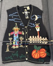 VTG Bobbie Brooks Woman Black Fall Scarecrow Halloween Knit Sweater Vest 18W/20W picture