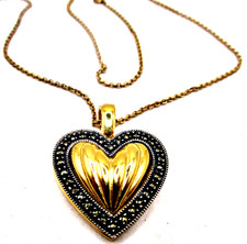 Vintage Signed JJ Judith Jack Gold-tone Ribbed Marcasite Puffy Heart Pendant picture