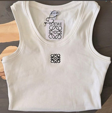Loewe Women's S White Ribbed Knit Sleeveless Scoop Neck Tank, Embroidered Logo picture