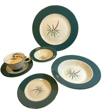Homer Laughlin Cavalier Egg Shell Lupine 6 Piece Set Teal Green USA picture