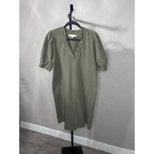 Loft Olive Green Short Puff Sleeve V-Neck Button Sweatshirt Shift Dress Large picture