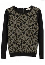 NWT LOFT Women's Black/Gold Glitter Floral Knit Crew Neck Pullover Sweater LP picture
