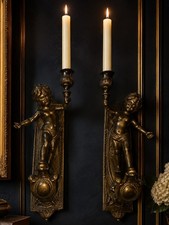 Vintage Italian Bronze Cherub Wall Sconces Pair Heavy 11.5