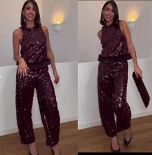 ZARA FW25 NEW WOMAN HIGH-WAIST SEQUIN BARREL PANTS MAROON XS-L 9544/823 NWT picture