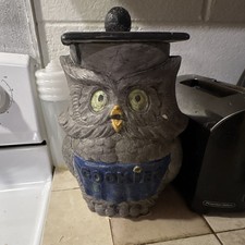 Owl-Shaped Ceramic Cookie Jar Canister w/ Lid, 16 oz, 10 in Tall Gray Blue picture