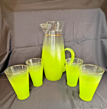 Vintage West Virginia Glass Blendo Frosted Pitcher & Hi-Ball Luster Glasses MCM picture