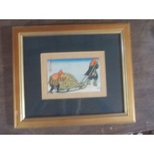 Katsuhira Tokushi Vintage Japanese Woodblock Print Sled in Snow Ukiyo-e Style picture