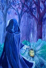 ACEO Original Woman Fantasy Cloak Forest Ethereal Mini Painting by Hannah Rowan picture