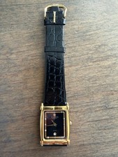 Vintage Raymond Weil Gold Plated Tank Quartz Watch with Black Dial. Pouch Docs picture