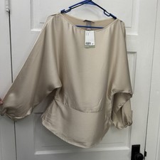 NWT H&M Womens M Light Beige Crepe Satin Peplum Blouse Long Sleeve picture