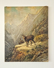 Antique Original c1880s Julius Richter Munich Oil Painting Alpine Chamois Canvas picture