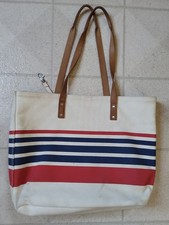 Vtg LL Bean Boat N Tote Canvas Bag Large Red White Blue Leather Handles Striped picture