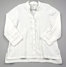 Symple NYC Women’s White Linen Tunic Blouse Embroidered Roll Tab Approx L picture