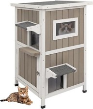 Petscosset Outdoor Cat House Two Story Wooden Feral Cat Shelter with Escape Door picture