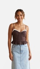 Sienna Sky Women Brown White Polka Dot Ruffle Trim Crop Tank picture