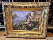 MEDITERRANEAN SEACAPE OIL PAINTING ART SIGNED GOLD WOOD FRAME 24