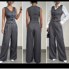 SHEIN Striped Vest and Wide Leg Pants Set - Grey - Size S US 4 picture