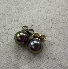 Signed Majorca Iridescent Black Faux Pearl Sterling Silver Stud Earrings 8mm 925 picture