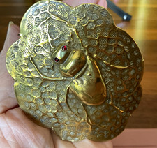 Rare Antique 3” Engraved Brass Beetle Hat Pin Red Eyes 11 3/4”Long picture