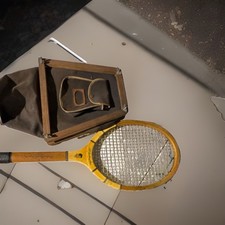 Vintage Spalding Pancho Gonzales Signature Wooden Tennis Racket w/ Press & Cover picture