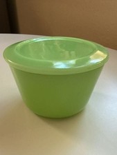 Vintage McKee round Green Jadeite glass refrigerator jar with original lid picture