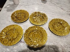 Majolica Sarreguemines GREEN Fruit Leaf SALAD PLATES 7.5” France 1920 Set of 5 picture