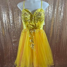 NWT Yellow Satin Tulle Short Dress Gold Floral Embroidery Dress/Sizes L-XL-2XL picture