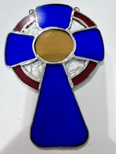 Vtg Stained Glass Cross Suncatcher Blue Yellow Sun 6.25” in Christian Art Decor picture