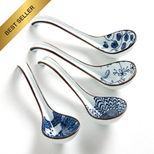 4 Pack Ceramic Asian Soup Spoons Long Handle Ramen Pho Miso Dumpling Blue Set picture
