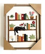 ⚜️BP Home Textile Embroidered Woven Wall Art Black Cat, Plant, Bookshelf 15”x12” picture