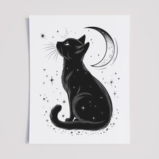 Mystical Black Cat & Crescent Moon Wall Art – Witchy Celestial Gothic Cat Print picture