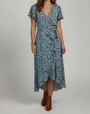 J. Crew V-Neck Flutter Hem Dress Aqua Paisley Blue Red Midi Ruffle Size 6 picture