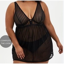 Torrid Curve Black Stripe Mesh Plunging Underwire Babydoll Lingerie 1X 14-16 NEW picture