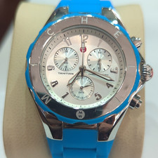 MICHELE Tahitian Women's Quartz Chronograph Date Silver Dial Blue Silicone Strap picture