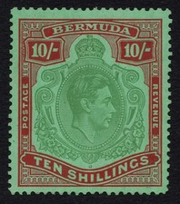 Bermuda 1939 KGVI SG 119a 10/-Bluish Green and Deep Red Samp  P14 MNH picture