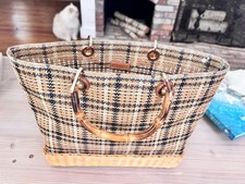 J McLaughlin Wicker Straw Woven Bamboo Tote Bag NWOT picture