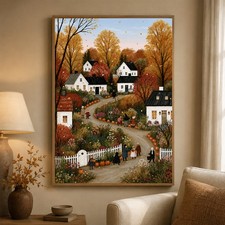 Folk Art Autumn Country Village Framed Canvas Art Pumpkin Farm Landscape Gift picture