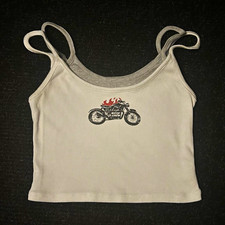 No Boundaries XS 0-2 Moto Motorcycle Graphic Ribbed Double Strap Crop Tank Top picture