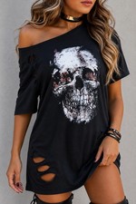 Women's Graphic Distressed Skull Off Shoulder Fashion Top Grunge Graphic Tee picture