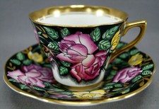 Vintage Rosina Hand Painted Pink & Yellow Rose Black & Gold Tea Cup & Saucer picture