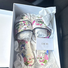 Dior Women's Floral Logo Slide Sandals Multicolor/White Suede Slip-On US 9 picture