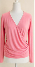 OGL Women's Pink Solid Knit V-Neck Wrap Front Long Sleeve Blouse Size L picture