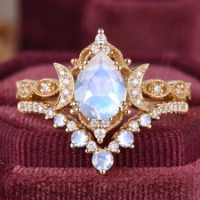 Moonstone Ring Set Pear Cut Crescent Moon Crown in Gold Celestial Bridal . picture